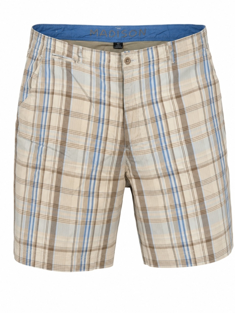 Madison Men's Plaid Flat Front Shorts‎ Size 40 Blue Tan 100% Cotton